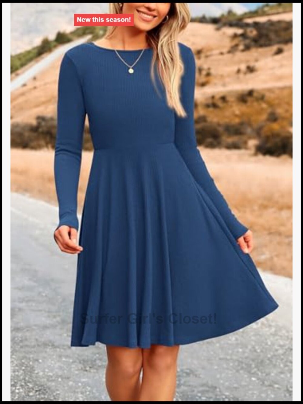 Ribbed Knit A-Line Mini Dress Long Sleeve Crewneck Flowy Casual - Picture 6 of 7